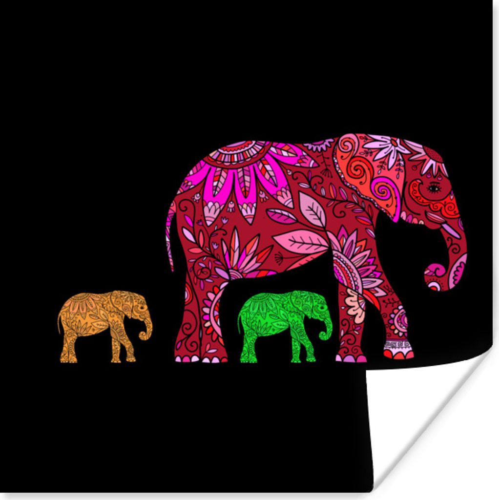 MuchoWow Poster Elefant - Muster - Blumen - Pflanzen 50x50 cm - Wohnzimmerdekoration