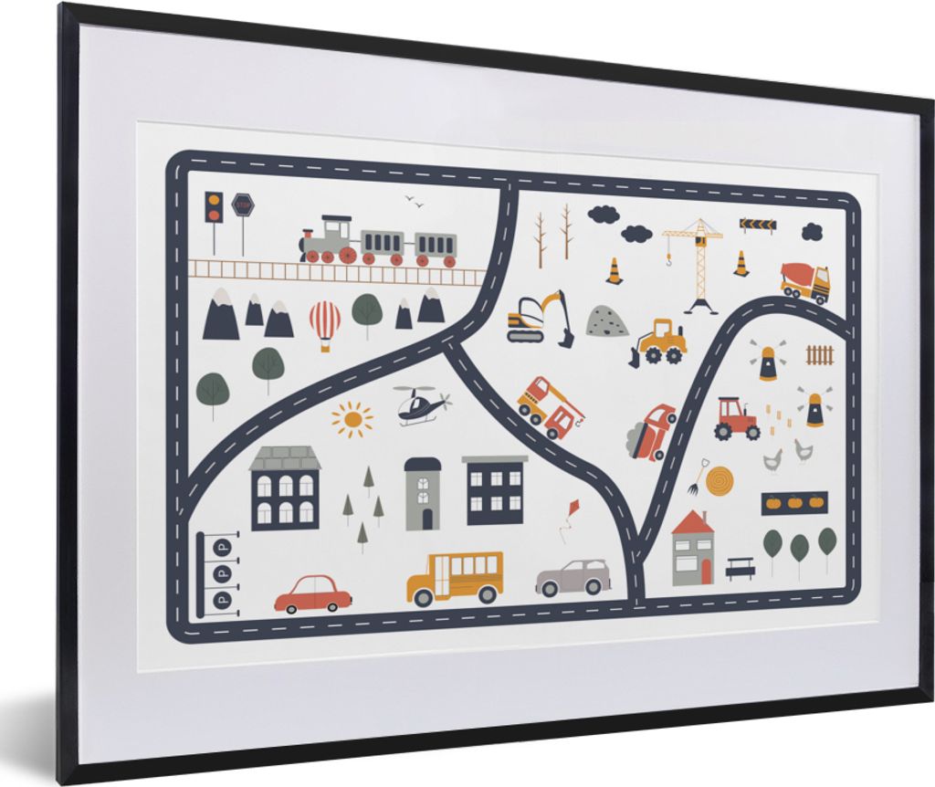 MuchoWow Gerahmtes Poster Auto - Kinder - Gebäude 60x40 cm - Poster mit Schwarzem Bilderrahmen Wandposter Rahmen Foto Bilder - Schlafzimmer - Pl...