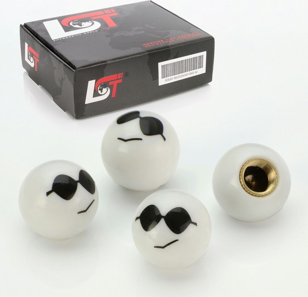 4x Reifen Ventilkappe Kappe Smiley Sonnenbrille Weiß für SUBARU TOYOTA FIAT ALFA