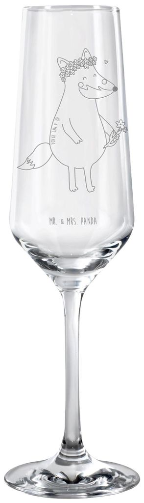 Mr. & Mrs. Panda Champagnerglas Fuchs Blumen - Transparent - Geschenk, Sektglas graviert, Selbstbewusstsein, Sektkelch, Sektflöte, Glas, Blumenlie...