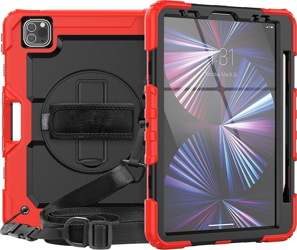 Mobigear SureGrip Xtreme iPad Air 11 Zoll (2025) Hülle Kunststoff,Silikon Backcover + Stifthalter + Schulterträger + Ständer - Rot