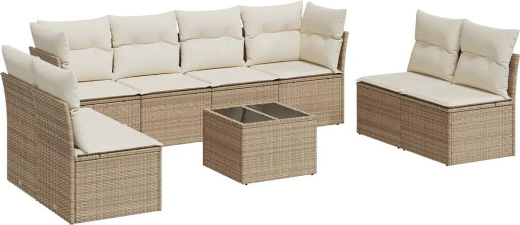 vidaXL 9-tlg. Garten-Sofagarnitur mit Kissen Beige Poly Rattan
