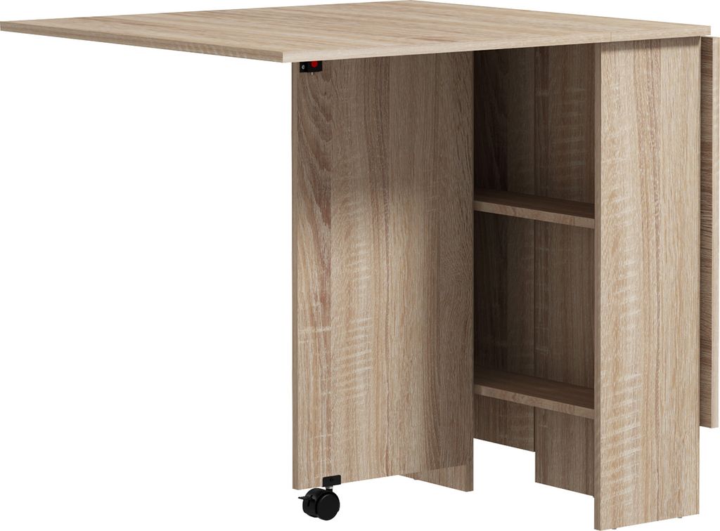 HOMCOM Klappbarer Esstisch, Holztisch mit 2 Klappen, 2 Ablagen und Rollen für die Küche, 75 x 140 x 74 cm, Natur