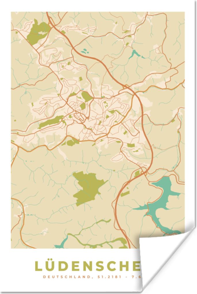 MuchoWow Poster Karte - Ludenscheid - Karte - Vintage - Stadtplan 120x180 cm - Kunstposter