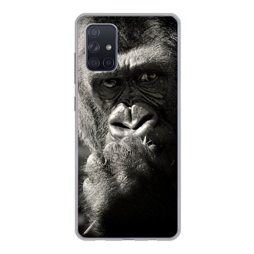 MuchoWow Handyhülle Schutzhülle Hülle für Samsung Galaxy A51 5G Gorilla auf schwarzem Hintergrund in Schwarz und Weiß Silikon Softcase Handy...