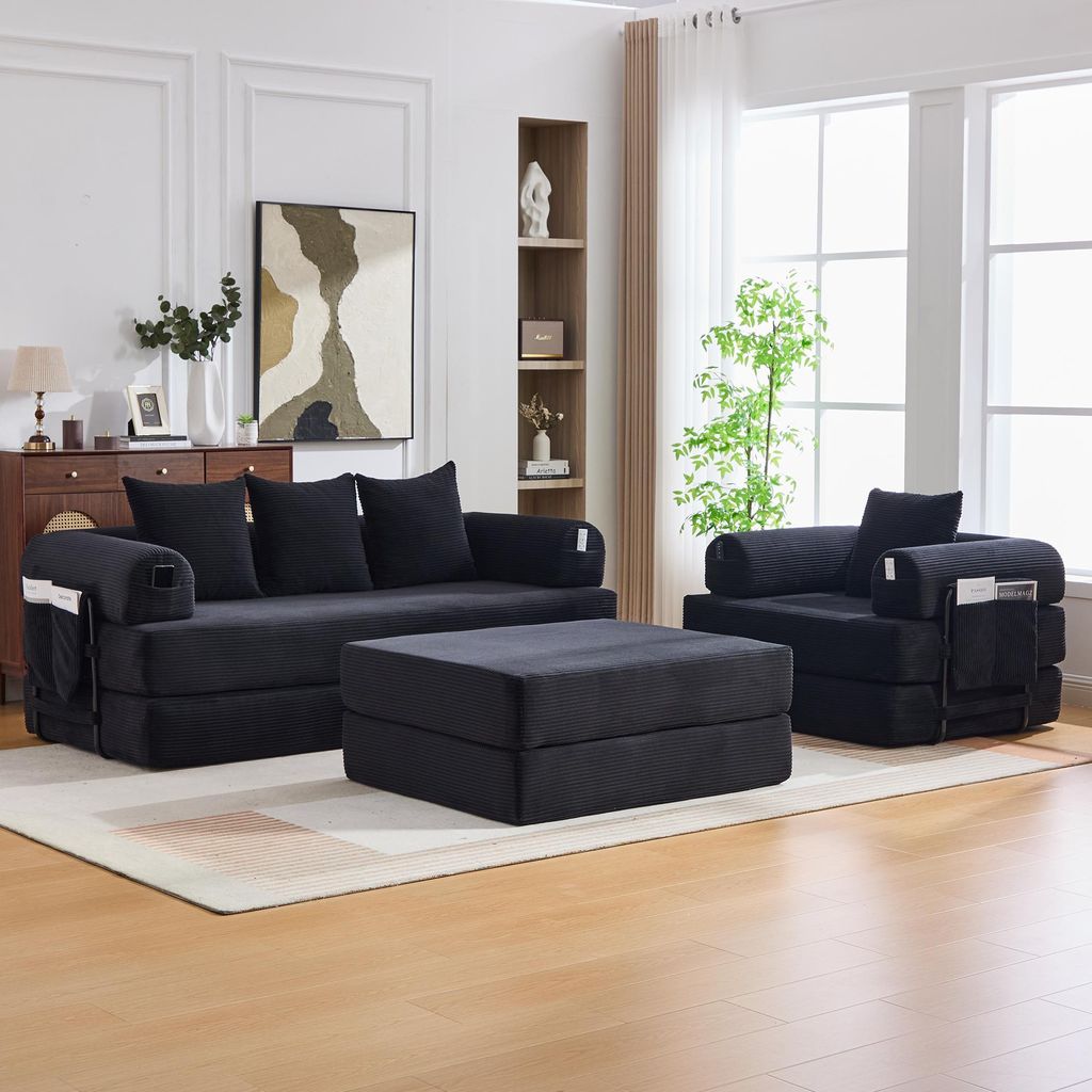 okwish Sofagarnitur Modulares Sofa Dreisitzersofa mit Hocker und Seitentasche Schlafsofa Zweisitzer bequemen Kissen Loungesofa mit stabilem Metallr...