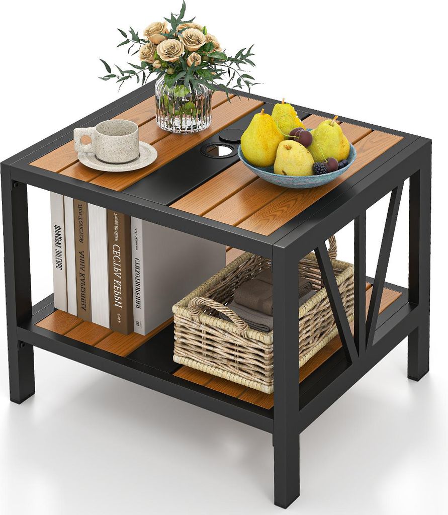 KOMFOTTEU Gartentisch mit Loch für Sonnenschirm Ø38 mm, rechteckiger Couchtisch mit 2 Ebenen aus Metall, niedriger Tisch für Balkon, Veranda und...