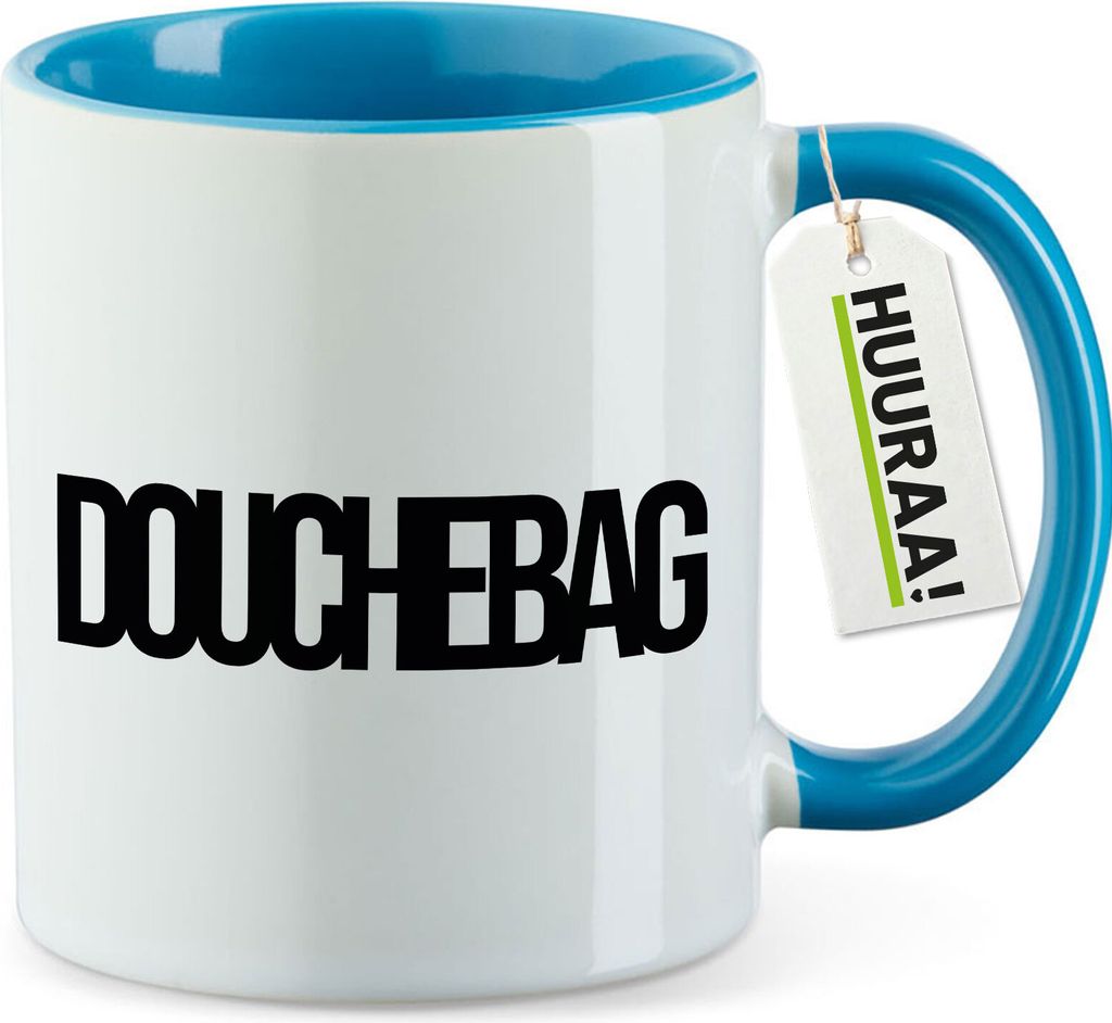 Huuraa Kaffeetasse Douchebag Schriftzug 330ml Blau Keramik Kaffeebecher Geschenkidee