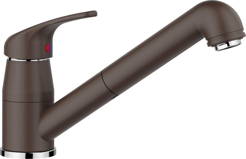 A brown kitchen faucet with a pull-out spray head, shown against a white background.