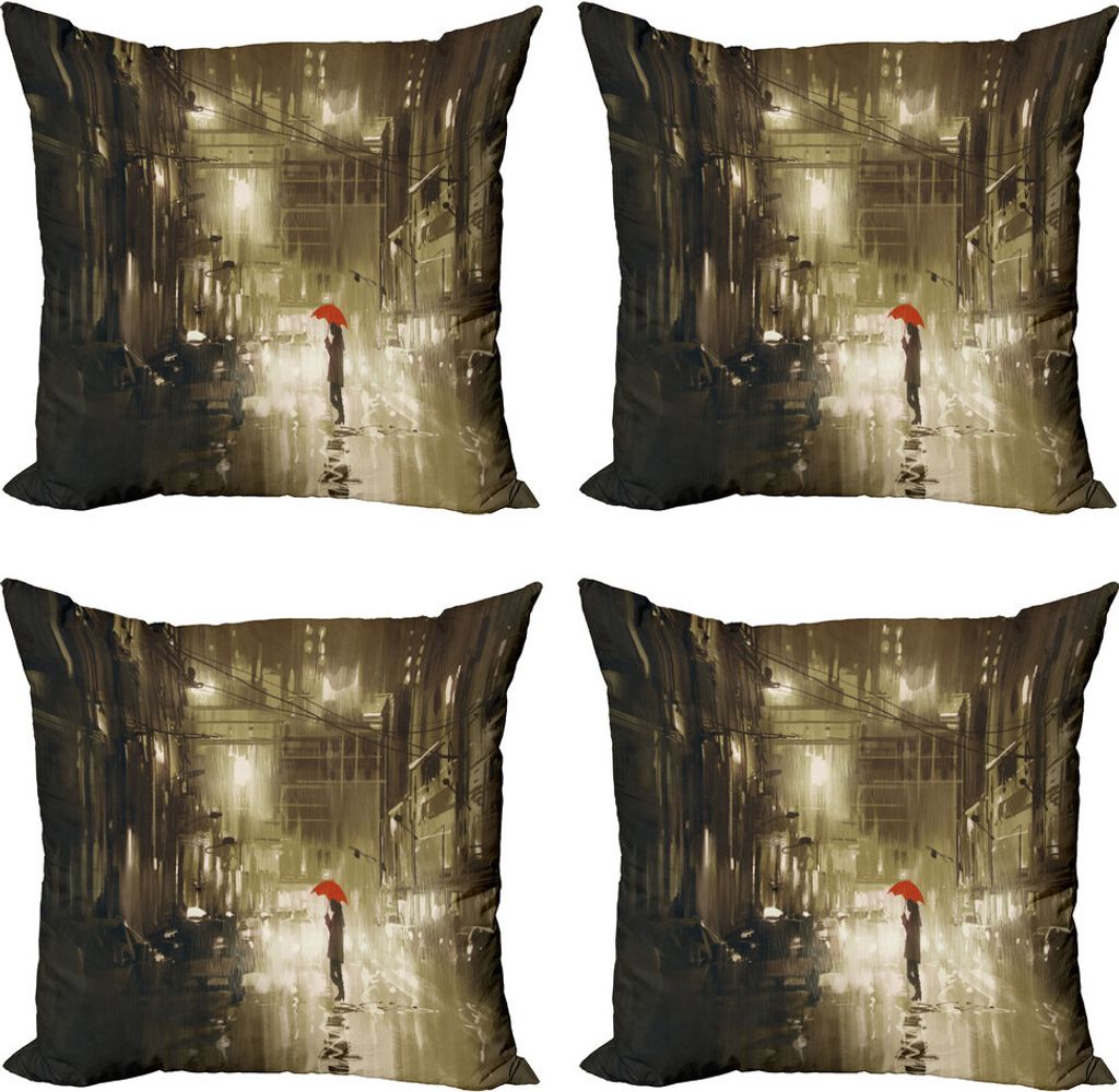ABAKUHAUS Städtisch Kissenbezug Set (4 Stück), Romantische Ansicht Rainy Day, Moderner Doppelseitiger Digitaldruck, 50 cm x 50 cm, Sepia