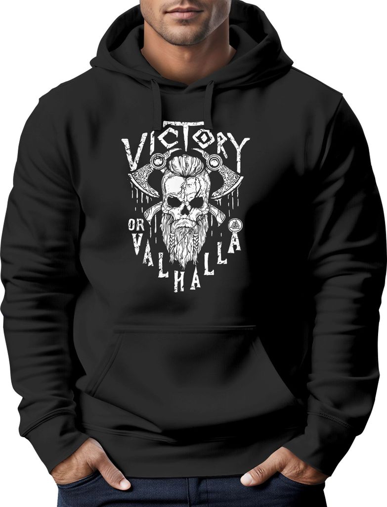 Hoodie Herren Victory or Valhalla Skull Totenkopf Wikinger Print Kapuzen-Pullover Fashion Streetstyle Neverless schwarz L