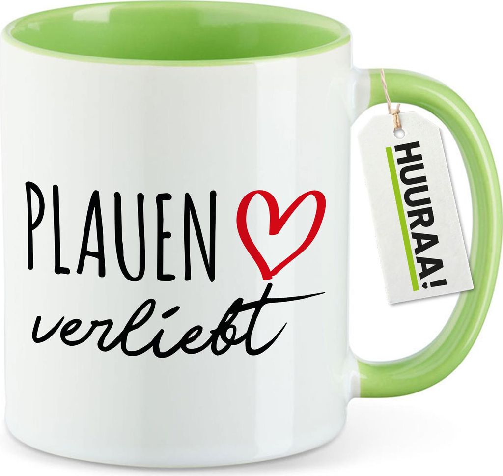 Huuraa Kaffeetasse Plauen verliebt 330ml Grün Keramik Kaffeebecher Geschenkidee