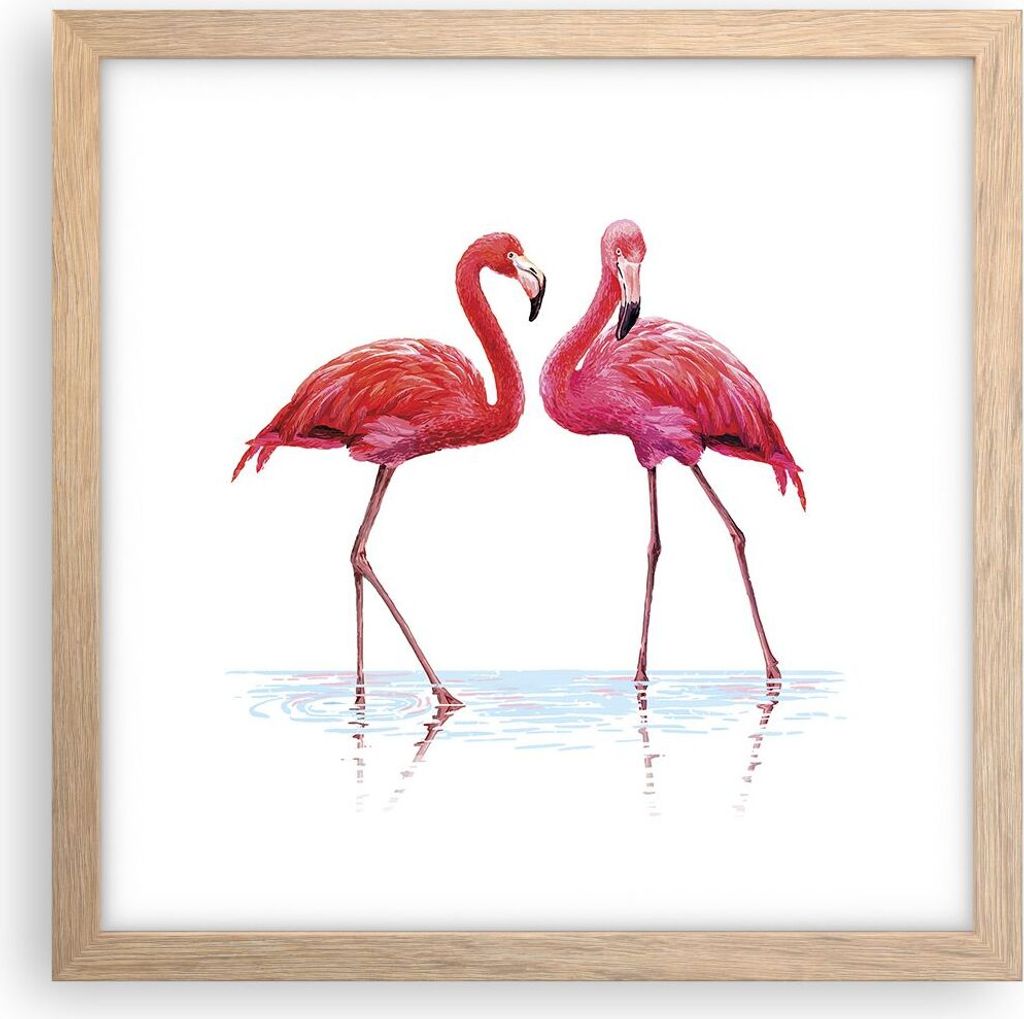 Gerahmtes Poster - Rahmen in heller Eiche - Flamingos Rosa Paar - 30x30 cm - Wand Bild - Wanddeko - Wandbilder - Wandposter - Bilderrahmen - Bilder...
