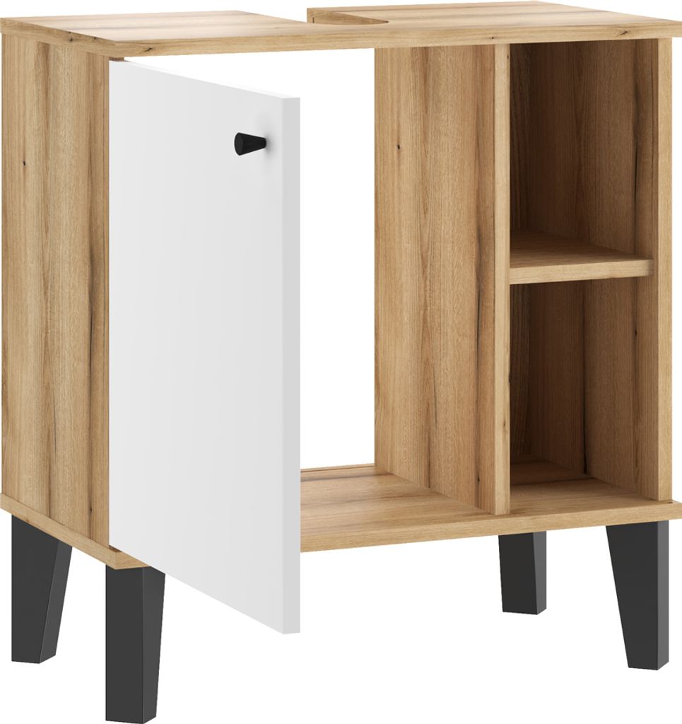 Badezimmer-Waschbeckenunterschrank 60 cm breit in Eiche mit weiß, 1 Tür, 2 offene Fächer OLEAN-61