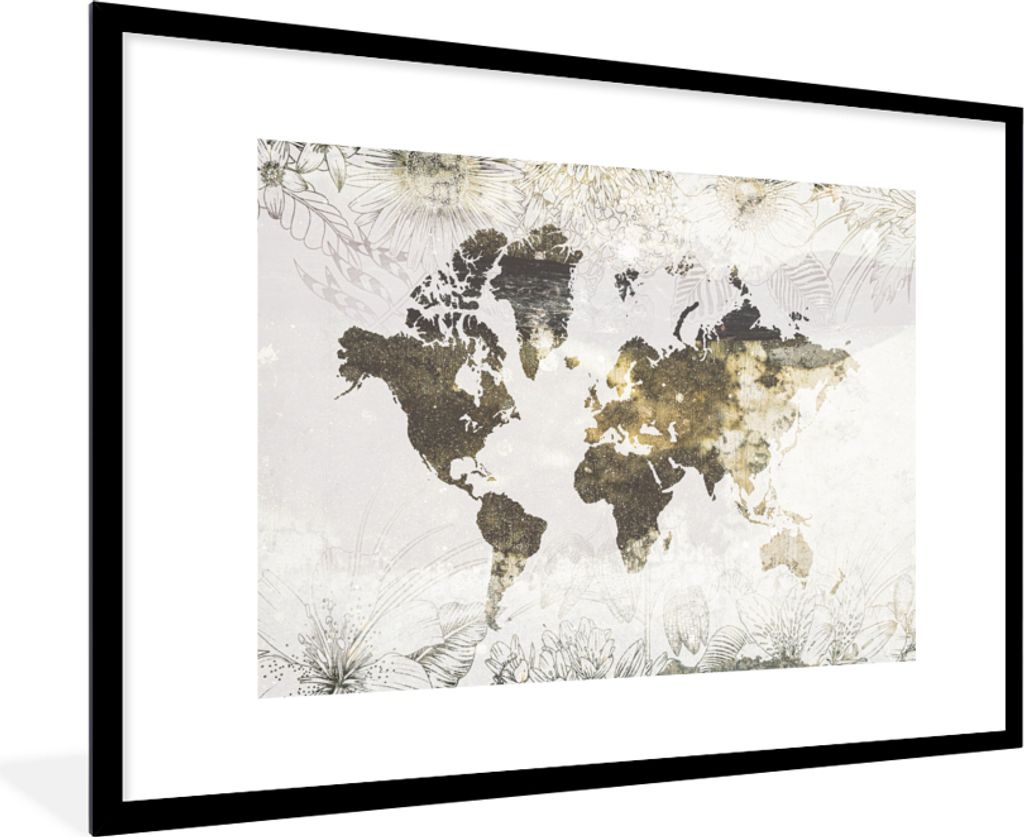 MuchoWow MuchoWow Gerahmtes Poster Weltkarte - Blumen - Gold 90x60 cm - Poster mit zchwarzem Bilderrahmen - Wanddekoration - Fotos