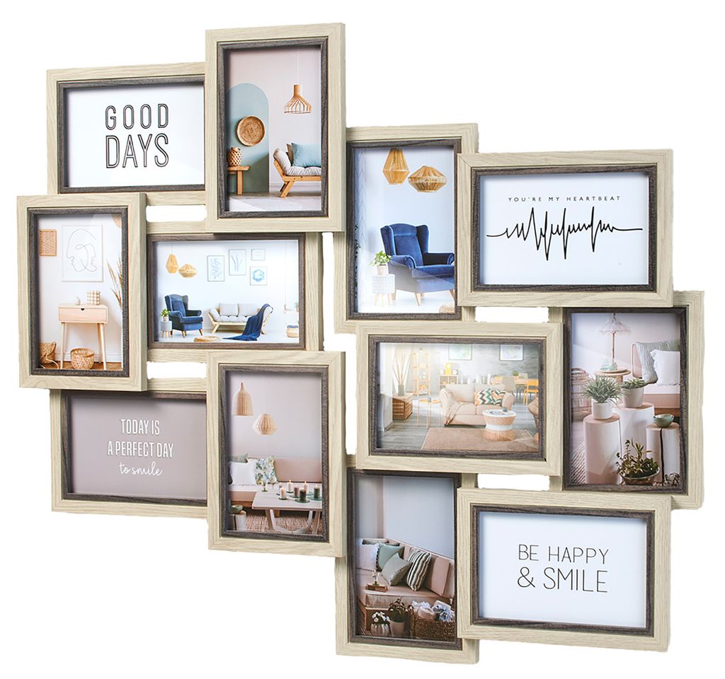 A collage of multiple picture frames arranged in a staggered pattern on a white background.
