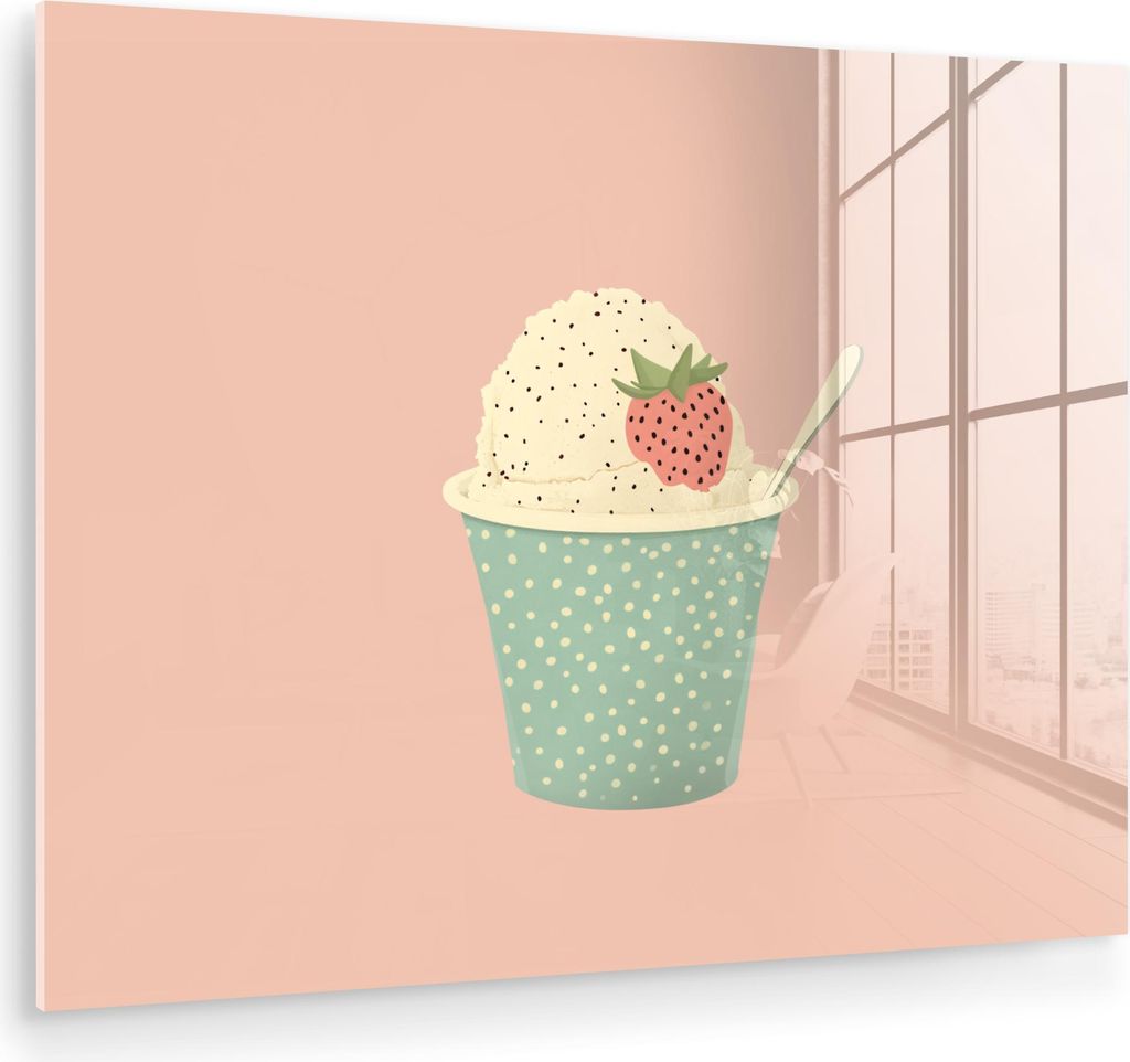 MuchoWow Glasbilder - Bilder auf Wandbild - Foto auf Glas Tablett - Eiscreme - Erdbeere - Rosa 80x60 cm Wanddekoration aus Glas - Acrylglasbild - A...