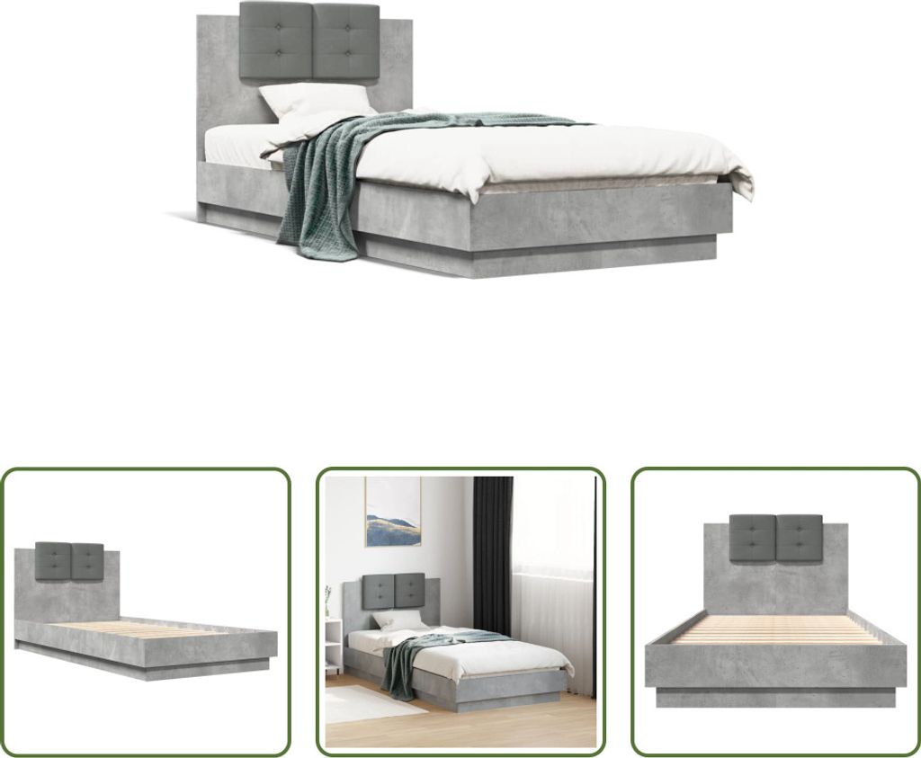 The Living Store Bettgestell mit Kopfteil Betongrau 90x190 cm Holzwerkstoff