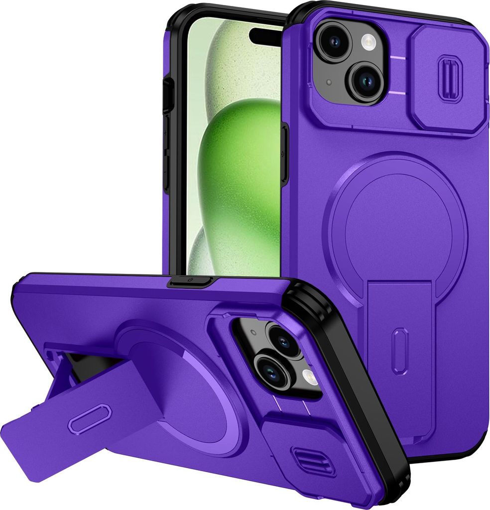 Magnetisch Hülle für iPhone 15 Plus/iPhone 14 Plus, Dual Layer Stoßfest Handyhülle mit Dia Kameraschutz, Verstellbarem Ständer Lila