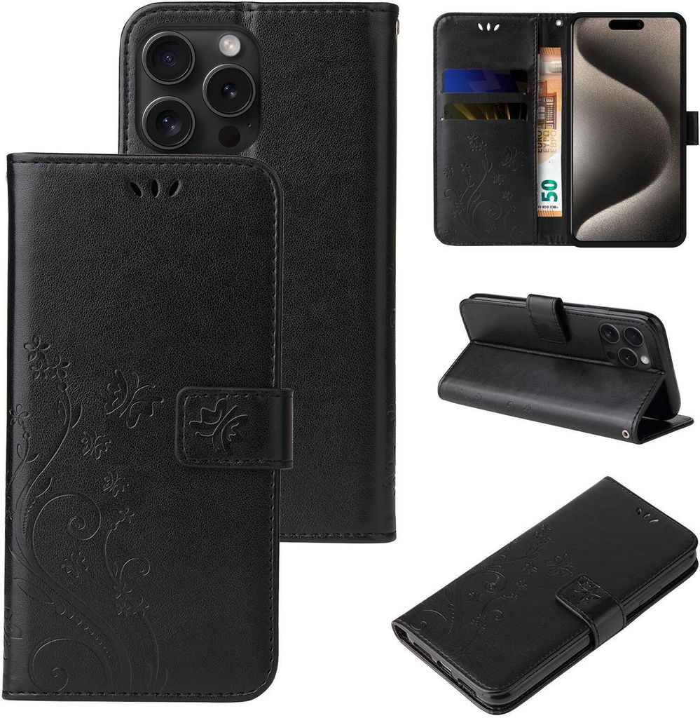 Handyhülle für Apple iPhone 16 Pro Floral Blumen Schmetterling Flip Cover Hülle Case Klapphülle Handytasche Farbe: Schwarz