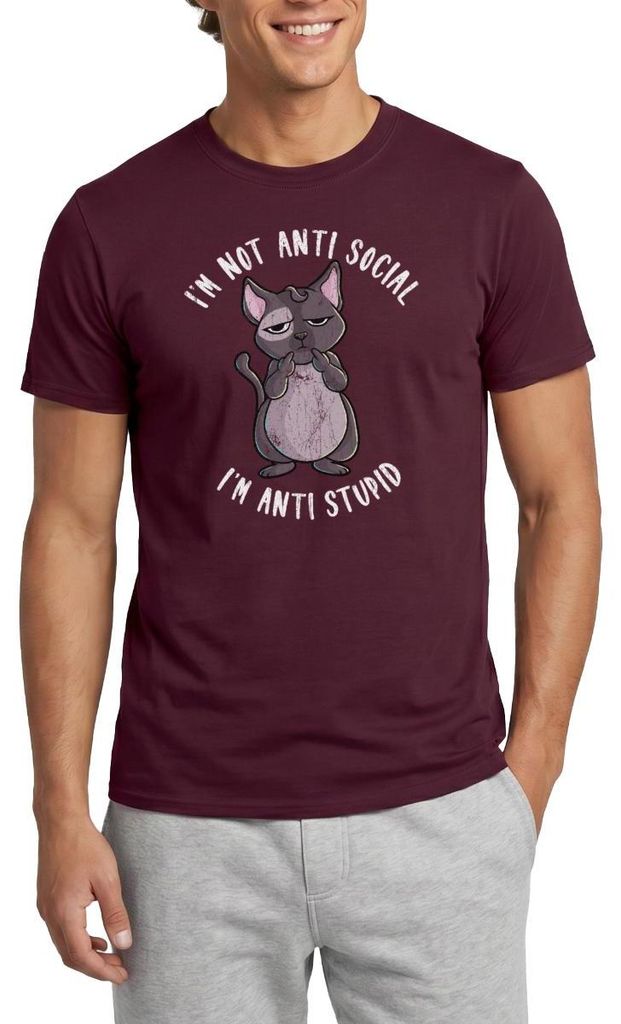 Spreadshirt I’m Not Anti Social I’m Anti Stupid | Genervte Katze Männer T-Shirt, L, Ziegelrot