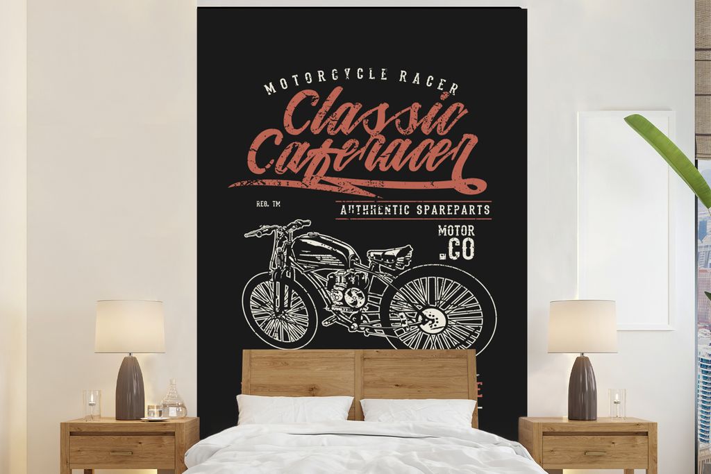 MuchoWow Fototapete für Wohnzimmer oder Schlafzimmer Wandtapete Vinyl Motivtapete Mancave - Motor - Schwarz - Vintage - 145x220 cm - Wanddekoration