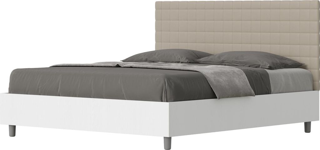 ITYHOME - Bett mit Bettkasten 160x200 Bettgestell Esche weiß Bett-Kopfteil mit Kunstlederbezug Taubengrau Burmy