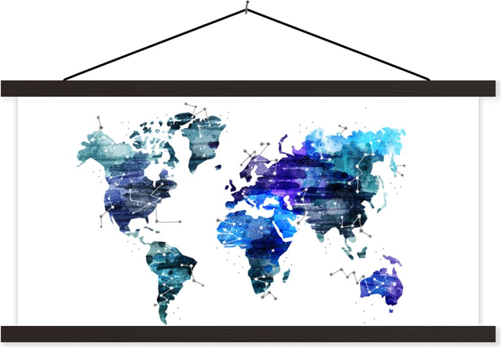 MuchoWow Textilposter Weltkarte - Sternenhimmel - Blau 60x30 cm mit schwarzem Rahmen - Textilien