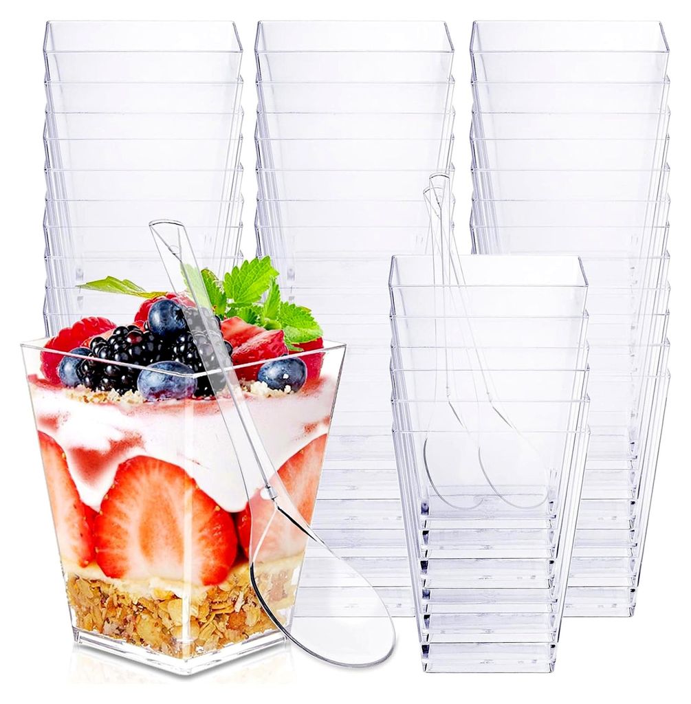 50 Stück Dessertgläser aus Kunststoff 160 ml mit 50 Löffeln, wiederverwendbare Dessertbecher, quadratische Dessertschalen aus Plastik, Dessertta...