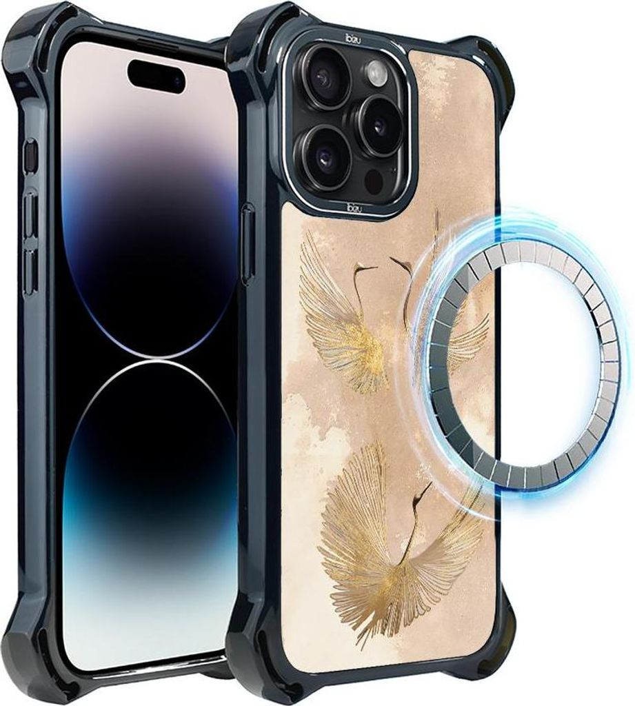 Schutzhülle für das iPhone 14 Pro Max, MagSafe-kompatibel, verstärkte Ecken, schwarz, goldene Vögel, Kraniche