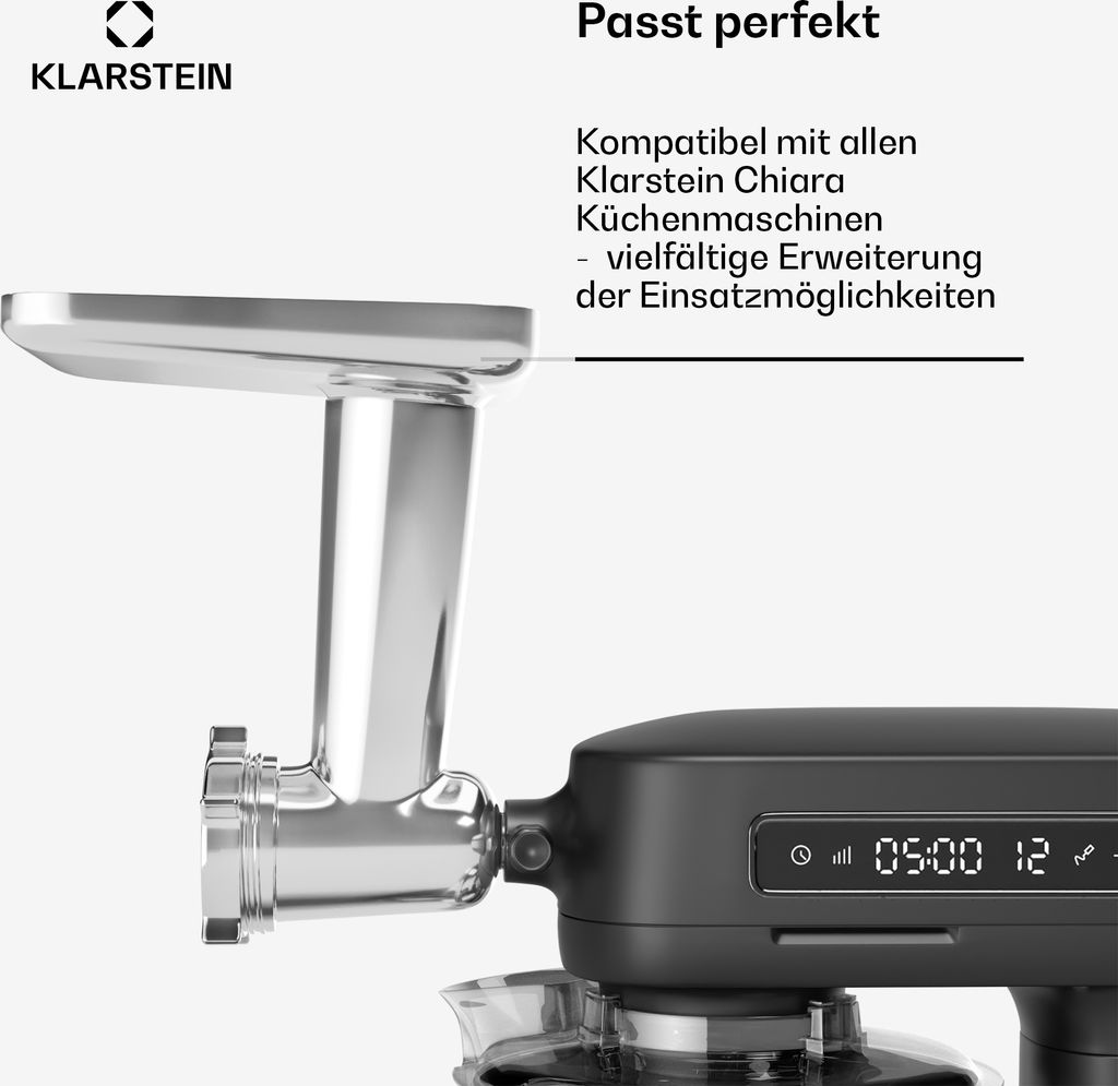 Klarstein Chiara Fleischwolf Küchenmaschinen-Zubehör – Vielseitiger Fleischwolf, Edelstahl, 4 Klingen, 3 Schneidplatten, Einfache Wurstzubereit...