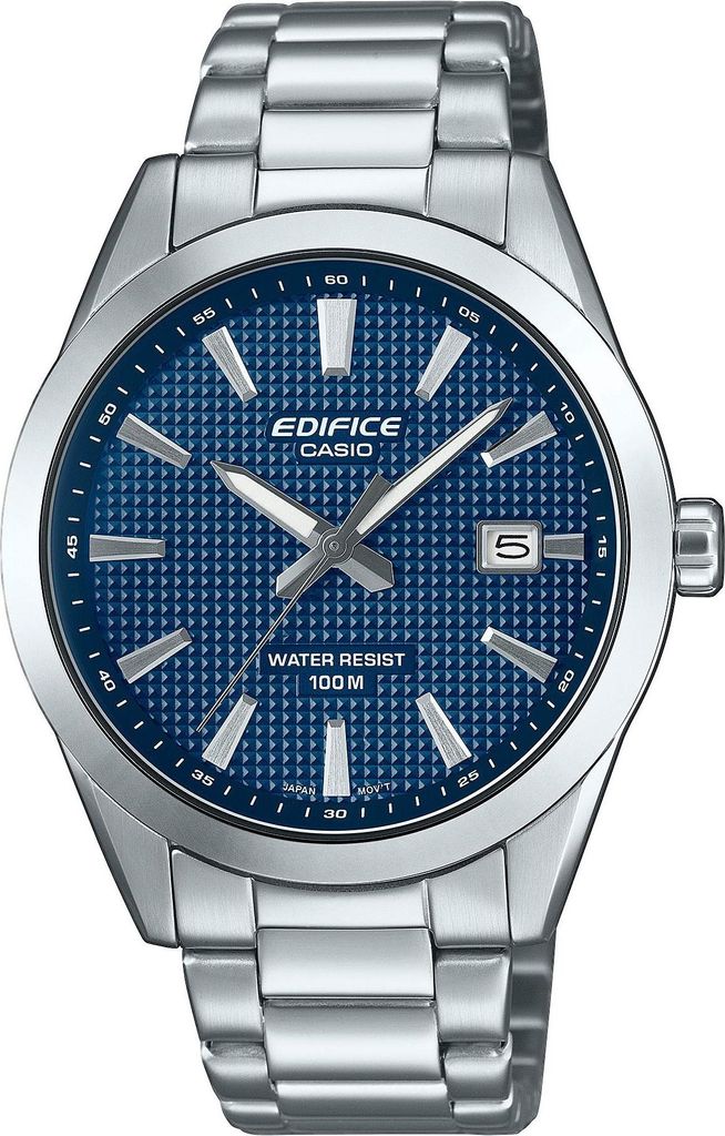 A close-up studio shot of a men's analog watch with a blue textured dial and a silver metal band.