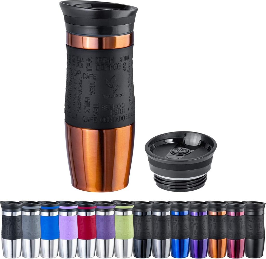 400 ml Thermobecher mit doppelwandiger Isolierung und 1 zusätzlichem Deckel - rostfreies Stahl in Kupferfarbe - BPA-frei - Silikon Soft-Touch Grif...