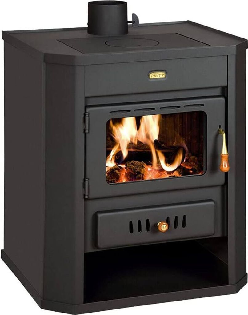 A black wood-burning stove with a glass door showing flames and logs inside.