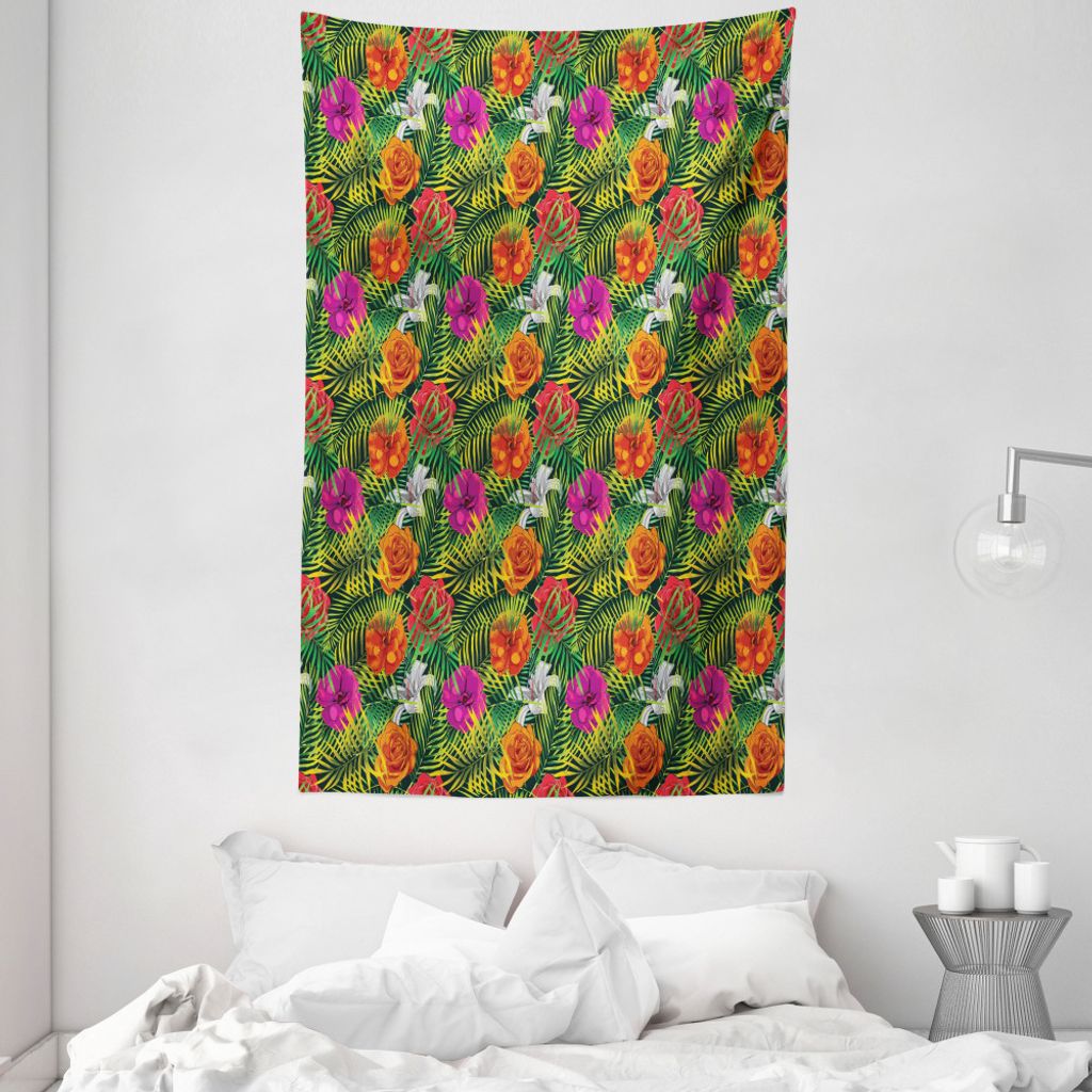 ABAKUHAUS Orchideen Wandteppich und Tagesdecke, Palm Jungle Leaves Floral aus Weiches Mikrofaser Stoff Waschbar ohne Verblassen Digitaldruck, 140 x...