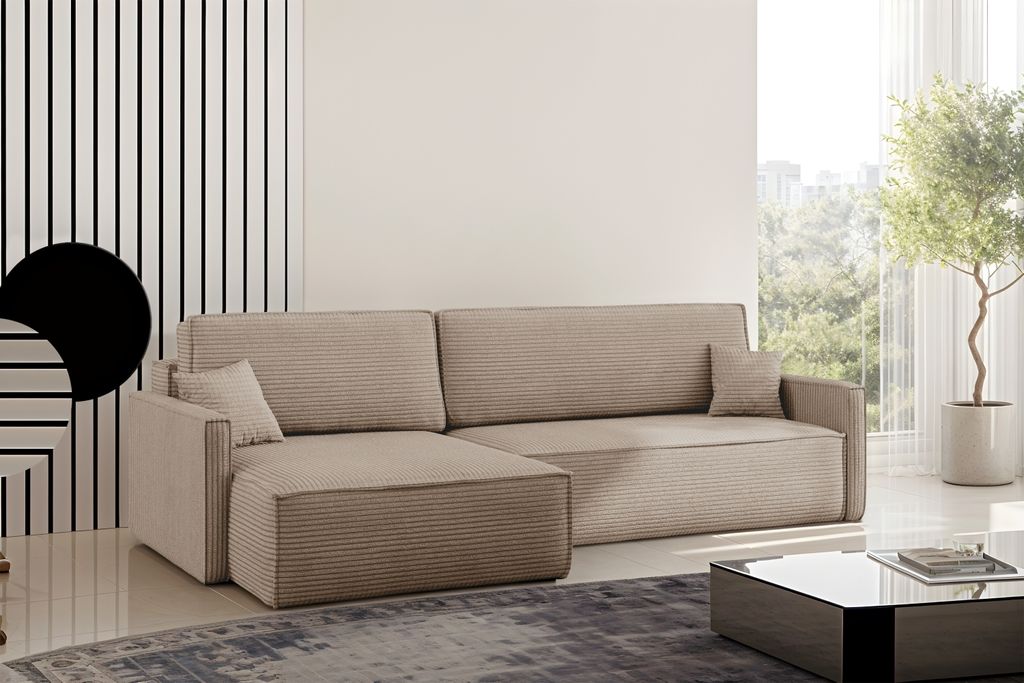 Kaiser Möbel Schlafsofa Carlos, Ecksofa L-Form mit schlaffunktion und bettkasten Stoff Poso Dunkelbeige Rechts