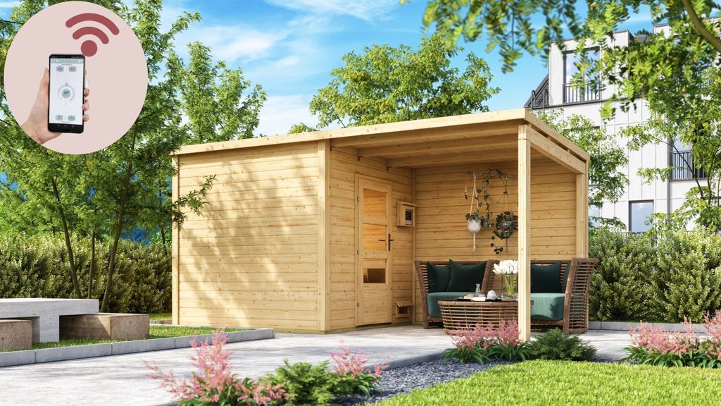 Karibu Saunahaus Außensauna Gartensauna Pepe 4 mit Anbaudach + 9kw Ofen finnisch und HUUM WIFI Steuergerät Sparset 467 x 231 cm Farbe: Naturbelassen