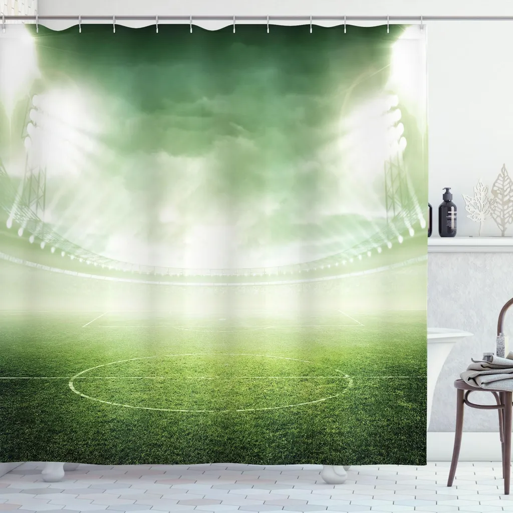 ABAKUHAUS Tenda da doccia con motivo calcistico, stadio illuminato di notte, attività calcistica, campo da gioco in erba, stampa, 175 x 220 cm, verde