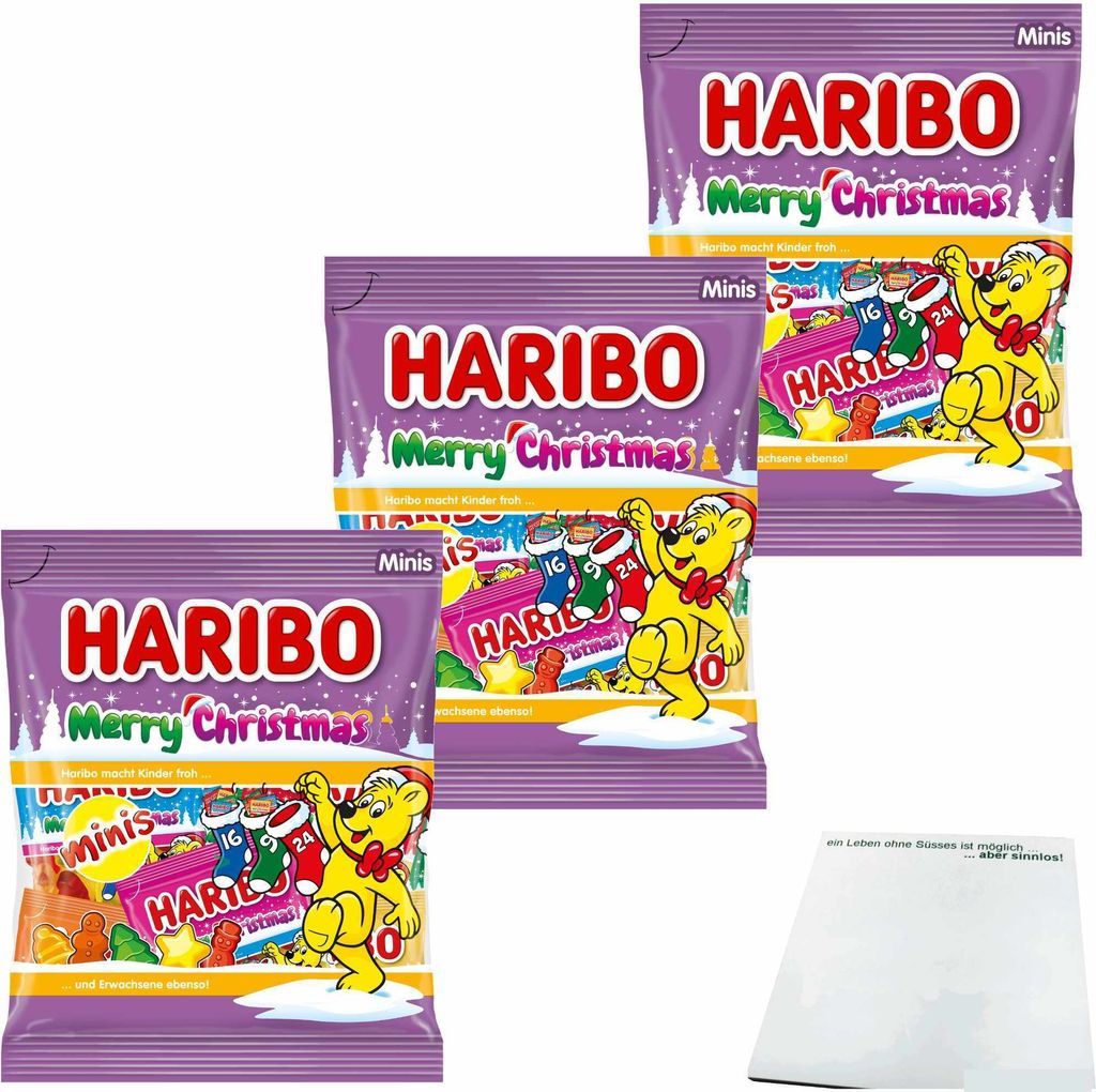 Haribo Christmas Weihnachtsfruchtgummitütchen 3er Pack (3x250g Beutel) + usy Block