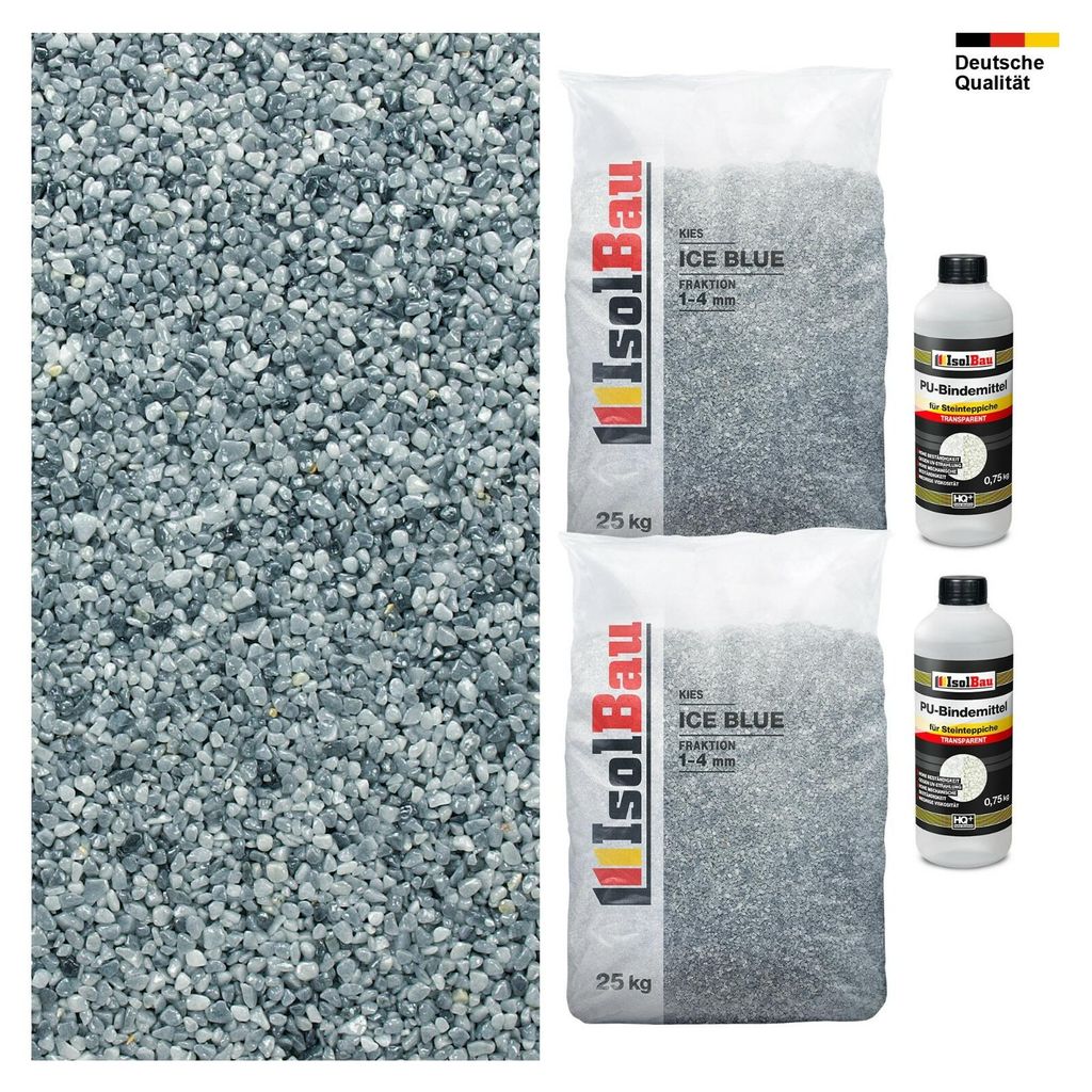 Steinteppich SET Ice Blue 1-4mm Marmorkies 50kg + PU-Bindemittel Set für 5m²