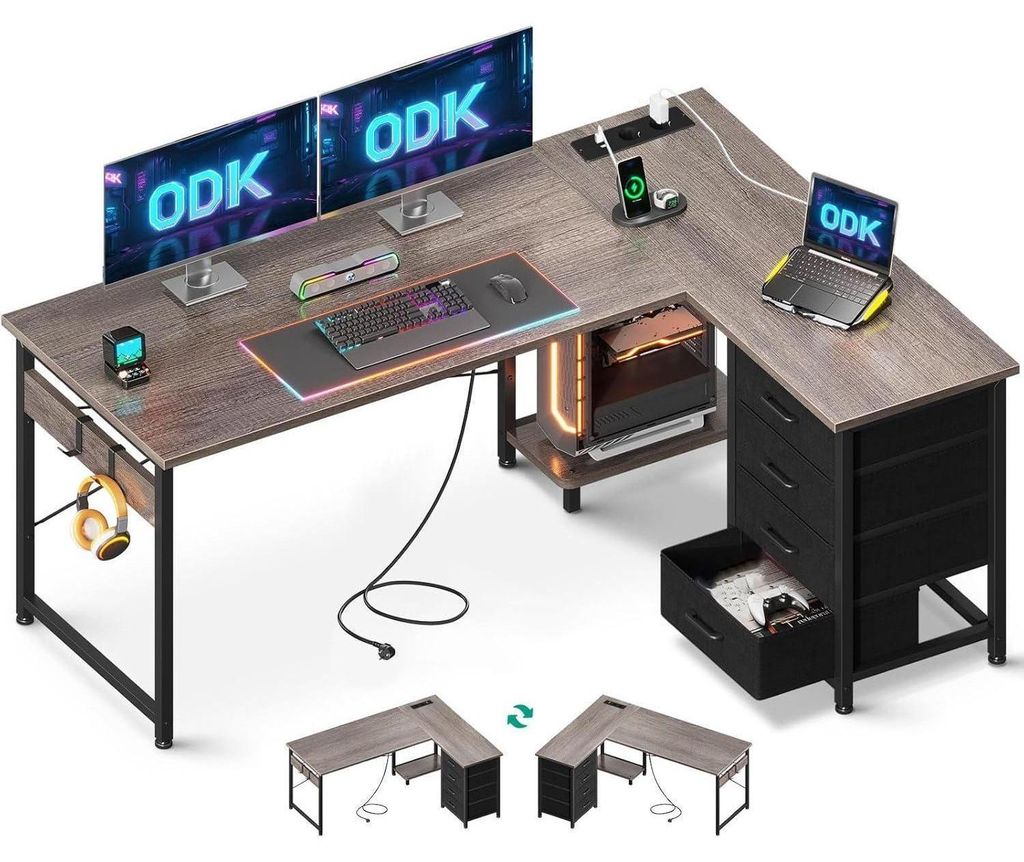 Eckschreibtisch L-Form mit 4 Schubladen, Steckdose & USB, Produktbild 