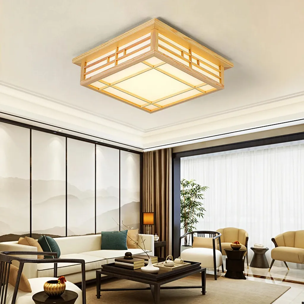 Plafonnier LED en bois massif jaune clair avec télécommande - Modèle Zen - 5