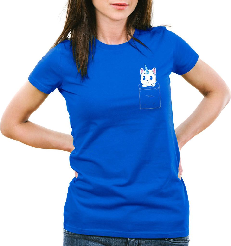 style3 Unicorn Pocket Cat Damen T-Shirt Einhorn Katze Produktbild 