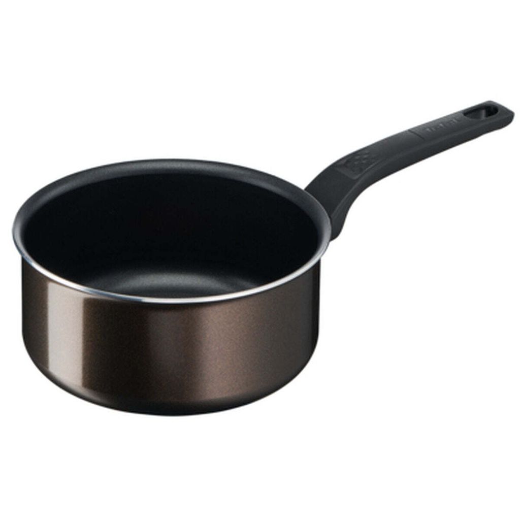 A single black and brown saucepan with a black handle is shown against a white background.