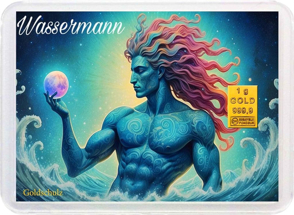 Grußkarte Sternzeichen Wassermann Gold 1g 1 Gramm Motivbox - Geschenk + Echtheitszertifikat