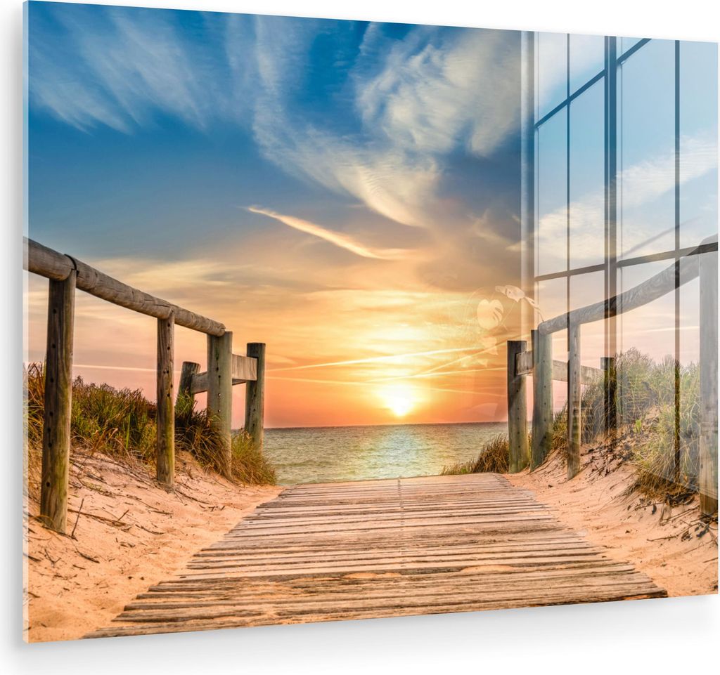 MuchoWow Glasbilder - Bilder auf Wandbild - Foto auf Glas Strand - Sonnenuntergang - Weg - Dünen 80x60 cm Wanddekoration aus Glas - Acrylglasbild ...