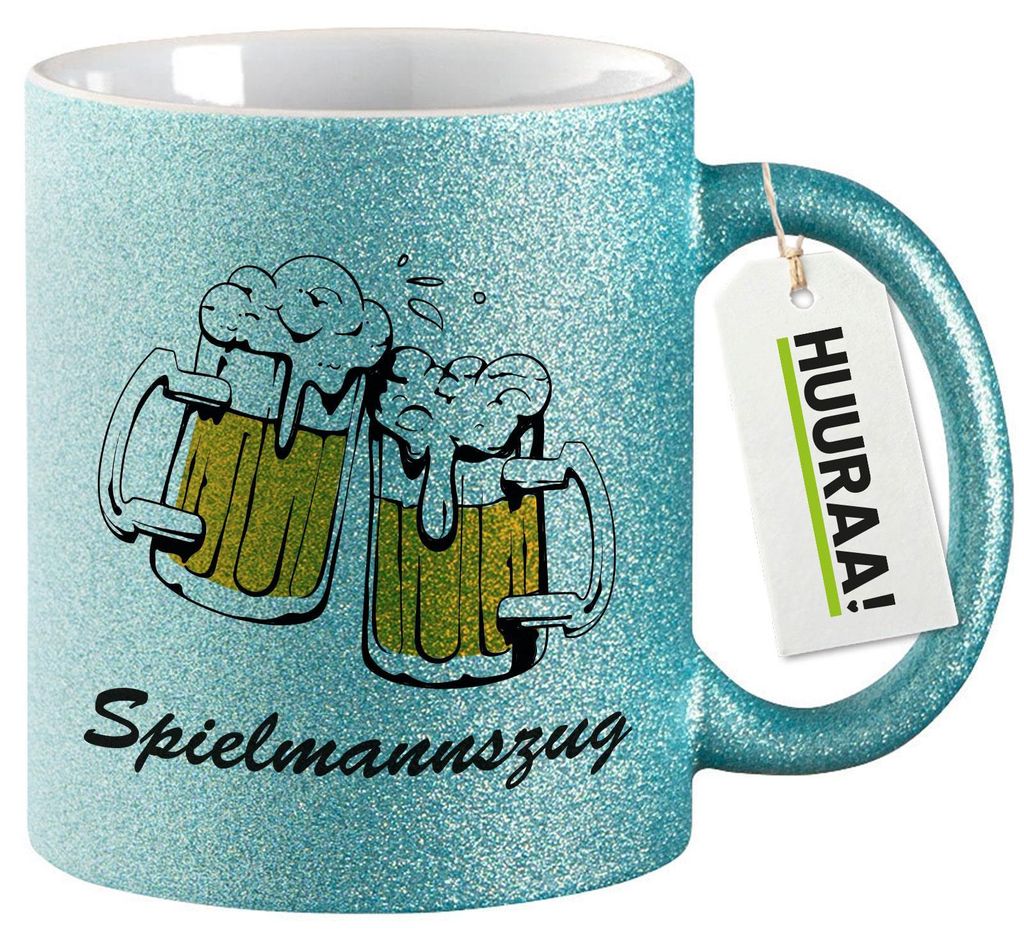 Huuraa Glitzertasse Spielmannszug Schützenfest 330ml Blau Keramik Kaffeebecher Geschenkidee