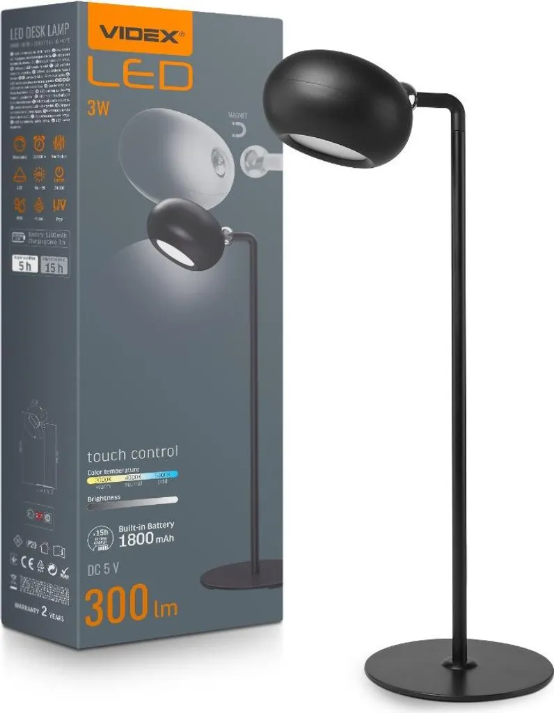 Lampe LED sans fil noire rechargeable avec variateur tactique VIDEX