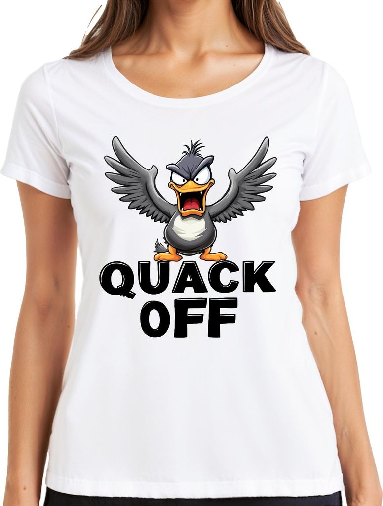 QUACK OFF freche Ente lustig wütende Ente Geschenk Sarkastisch Damen T-Shirt, Weiß, M