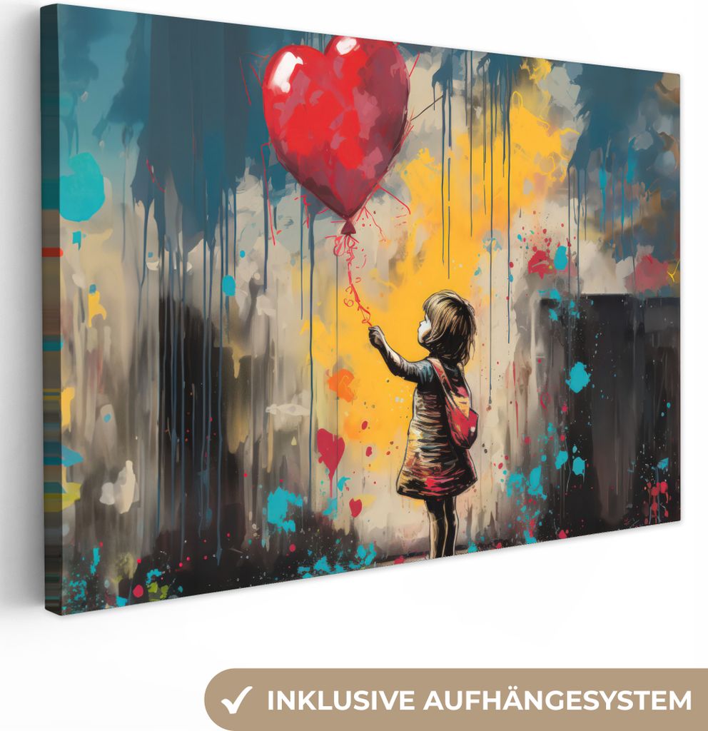 Wanddeko 60x40 cm - Banksy - Mädchen - Luftballon - Herz - Graffiti, Wandbilder, Wanddeko Wohnzimmer